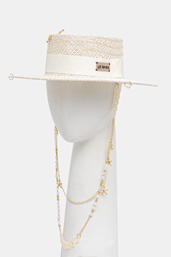 LE SH KA headwear сламена шапка дамска Double Chain Pearl Canotier бежова DCPearlCanotier