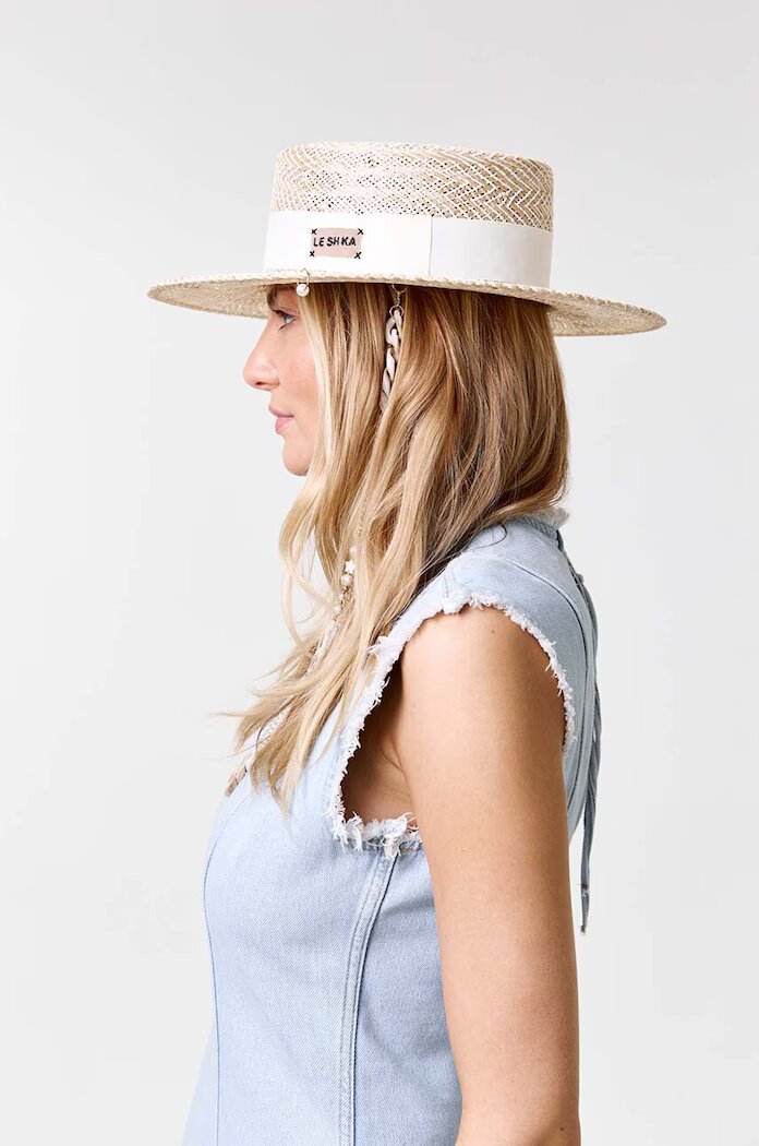 LE SH KA headwear сламена шапка дамска Double Chain Pearl Canotier бежова DCPearlCanotier