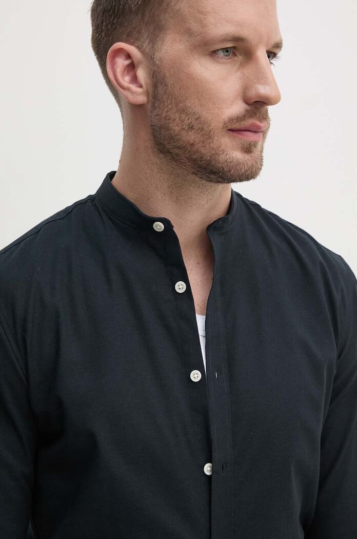 Lindbergh Риза мъжка в черно с кройка по тялото с права яка 30-203174A