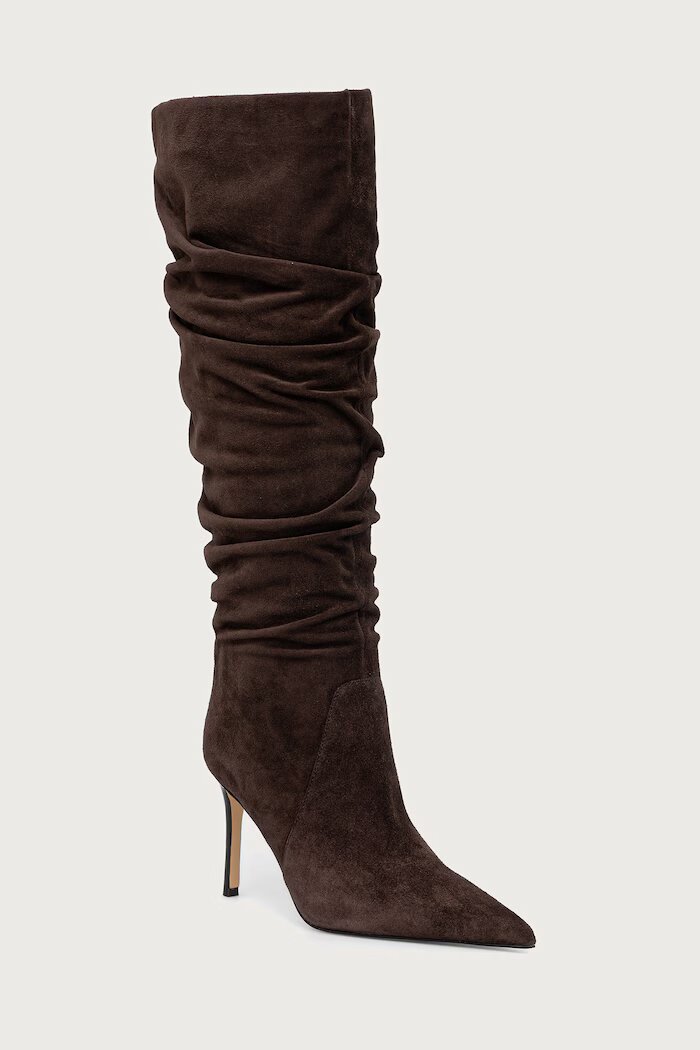 Michael Michael Kors ботуши под коляното с тънък ток дамски от велур Dawn Heeled Boot кафяви 40F5DWHB5L.251