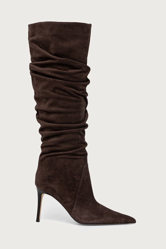 Michael Michael Kors ботуши под коляното с тънък ток дамски от велур Dawn Heeled Boot кафяви 40F5DWHB5L.251