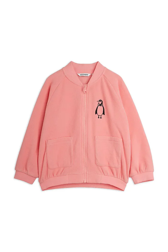 MINI RODINI суичър с цип за деца от полар Penguin розов 11000359