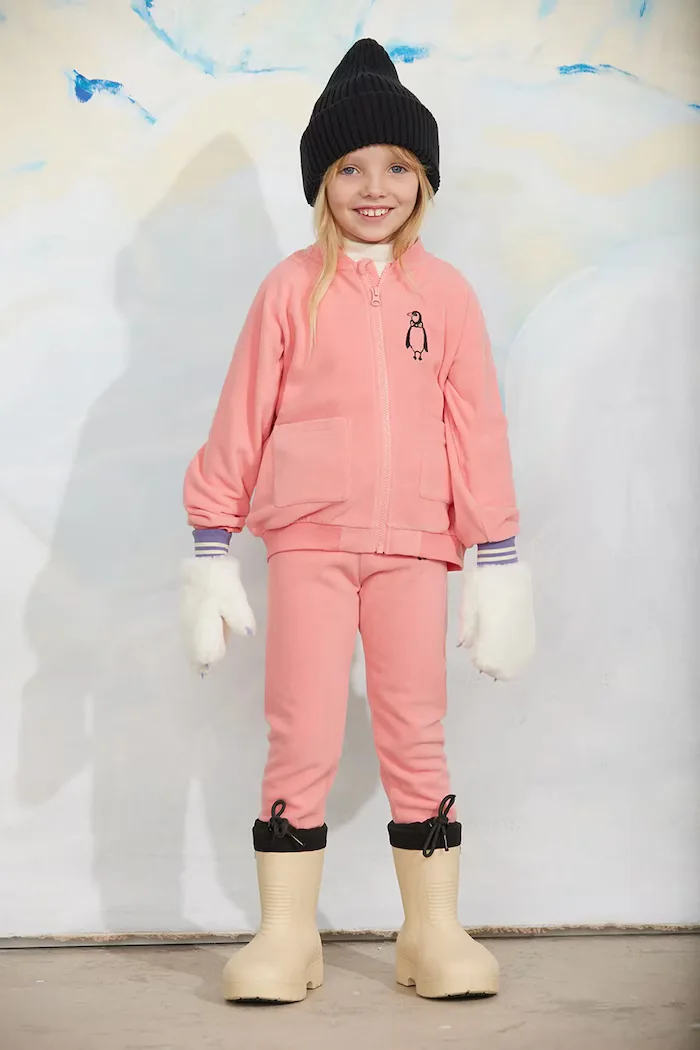 MINI RODINI суичър с цип за деца от полар Penguin розов 11000359