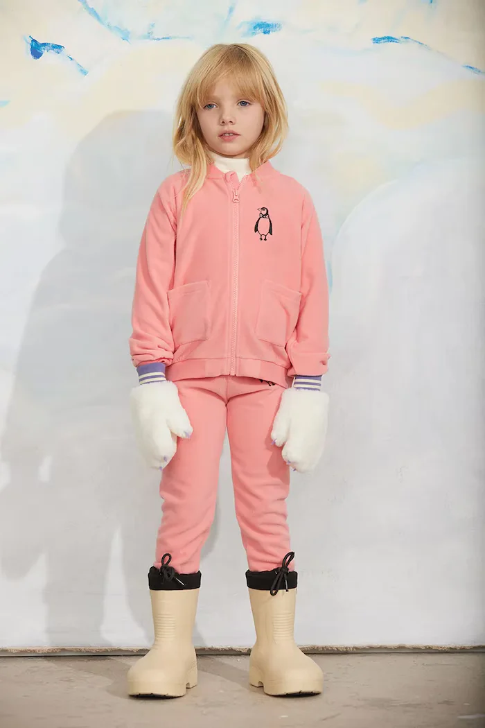 MINI RODINI суичър с цип за деца от полар Penguin розов 11000359