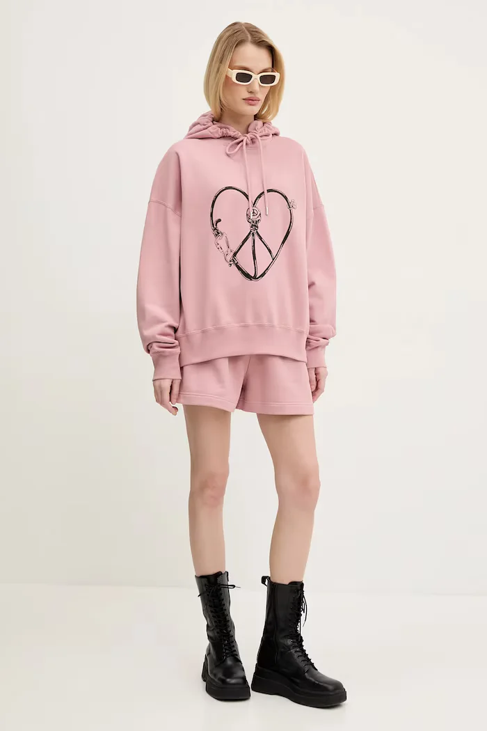 Moschino Jeans Памучен суичър в розово с качулка с принт 1708 3228
