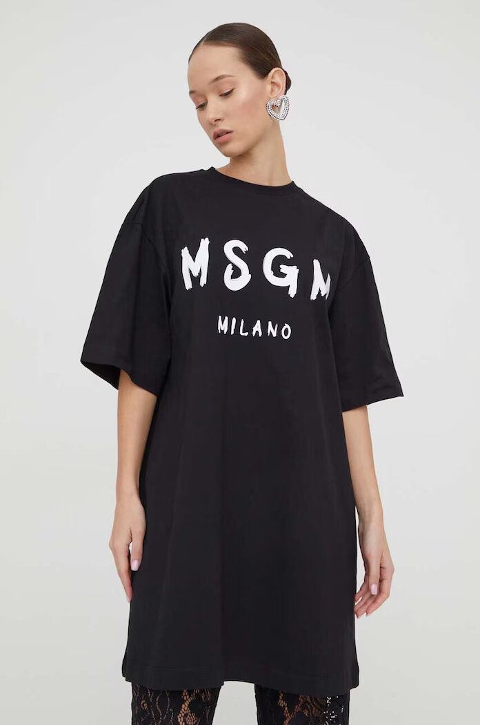 MSGM Памучна рокля в черно къса с уголемена кройка 2000MDA510.200002