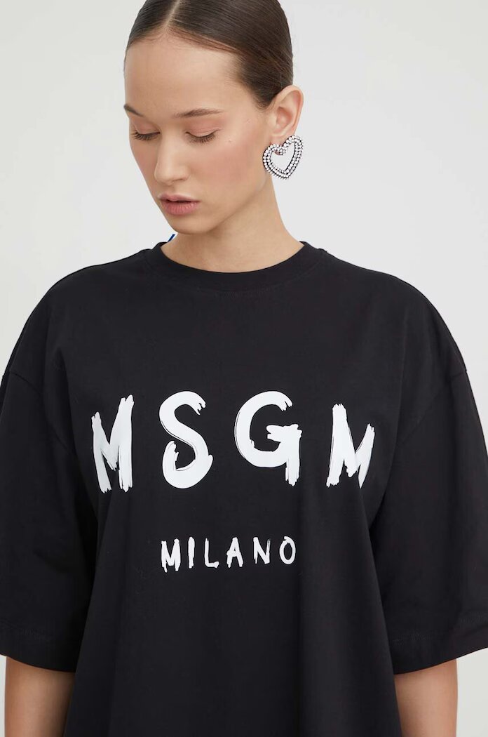 MSGM Памучна рокля в черно къса с уголемена кройка 2000MDA510.200002