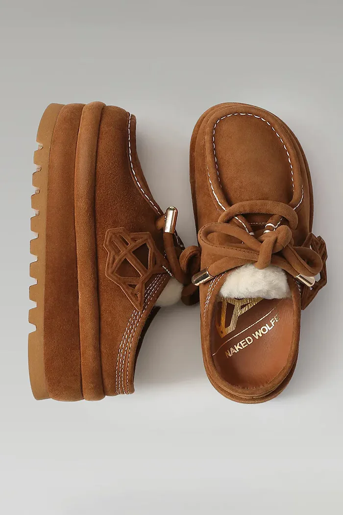 Naked Wolfe Велурени чехли Blizzard в кафяво Blizzard Suede Shearling Tan