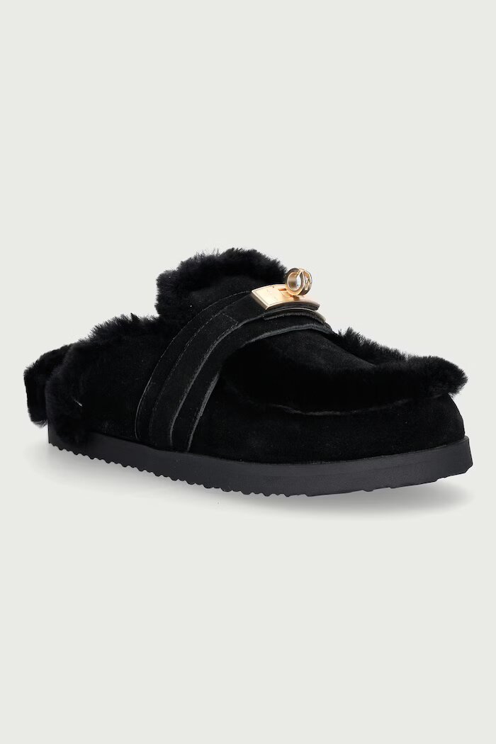 Nokwol пантофи дамски от кожа Toby Black Suede Shearling черни Toby Black Suede Shearling