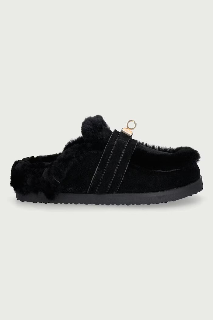 Nokwol пантофи дамски от кожа Toby Black Suede Shearling черни Toby Black Suede Shearling