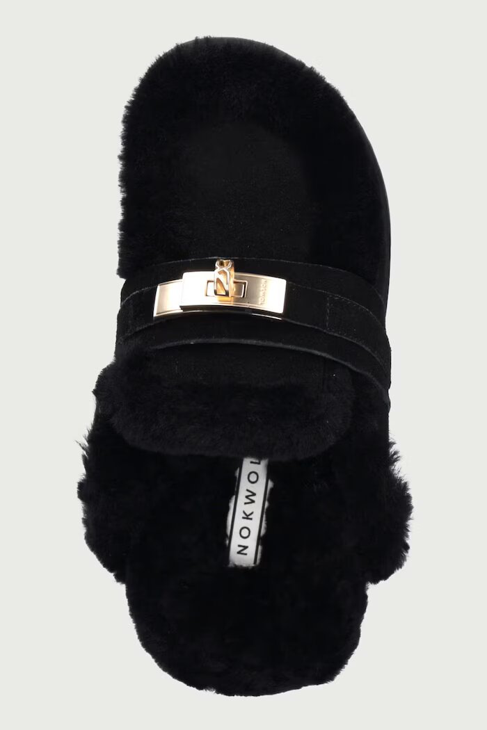 Nokwol пантофи дамски от кожа Toby Black Suede Shearling черни Toby Black Suede Shearling
