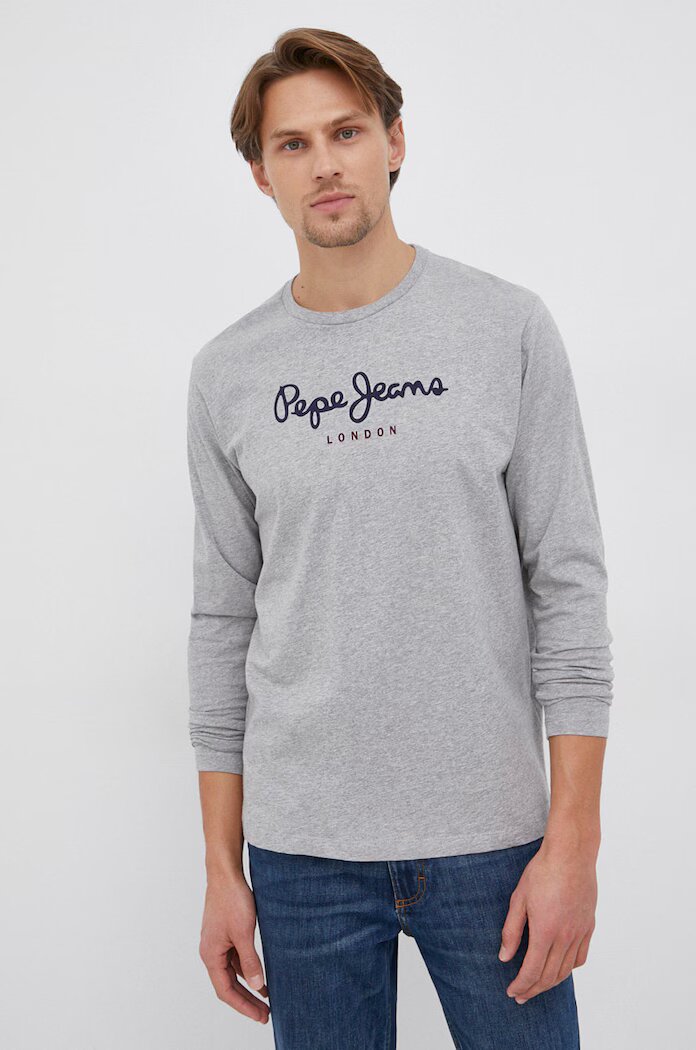Pepe Jeans Памучна блуза с дълги ръкави Eggo в сиво с принт