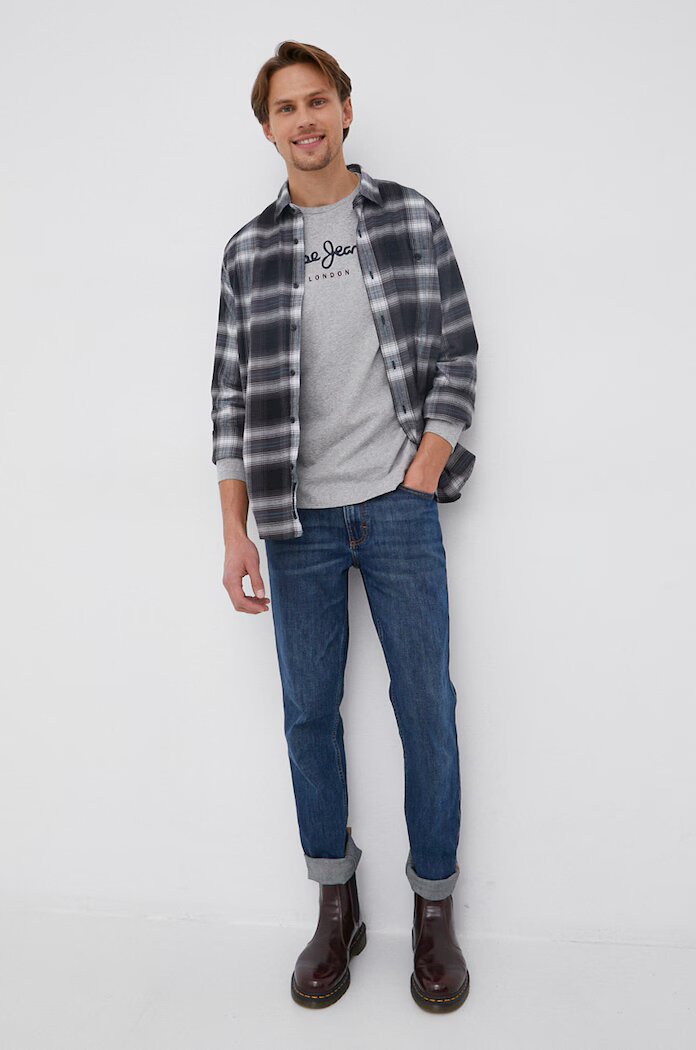Pepe Jeans Памучна блуза с дълги ръкави Eggo в сиво с принт