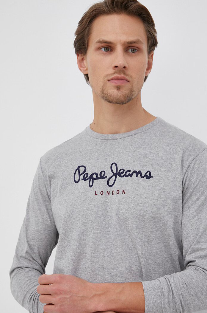 Pepe Jeans Памучна блуза с дълги ръкави Eggo в сиво с принт