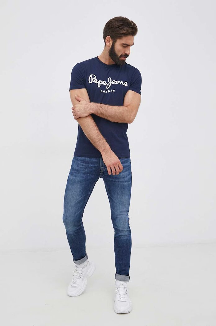 Pepe Jeans Тениска Original Stretch мъжка в тъмносиньо с принт