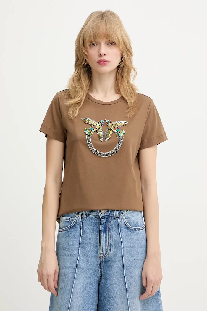 Pinko Памучна тениска дамска в кафяво 100535 A33F