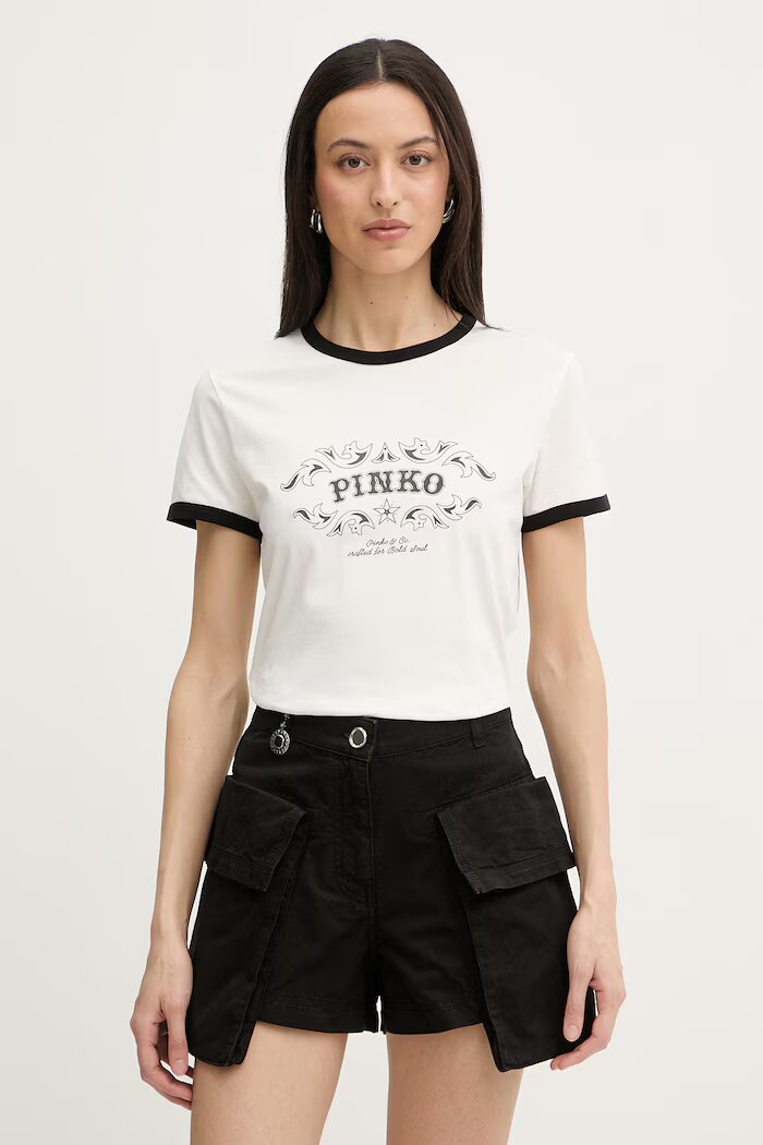 Pinko тениска дамска от памук бежова 106902 A3C2