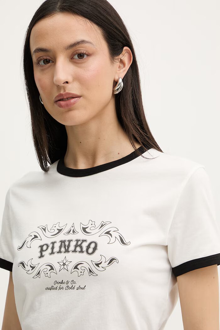 Pinko тениска дамска от памук бежова 106902 A3C2