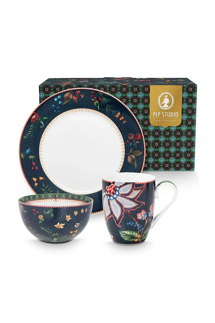 Pip Studio Комплект за закуска Berry Blues O22 cm / 250 ml (3 броя)
