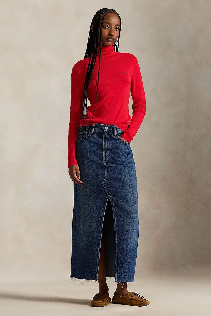 Polo Ralph Lauren Дънкова пола в тъмносиньо среднодълга със стандартна кройка 211A95501