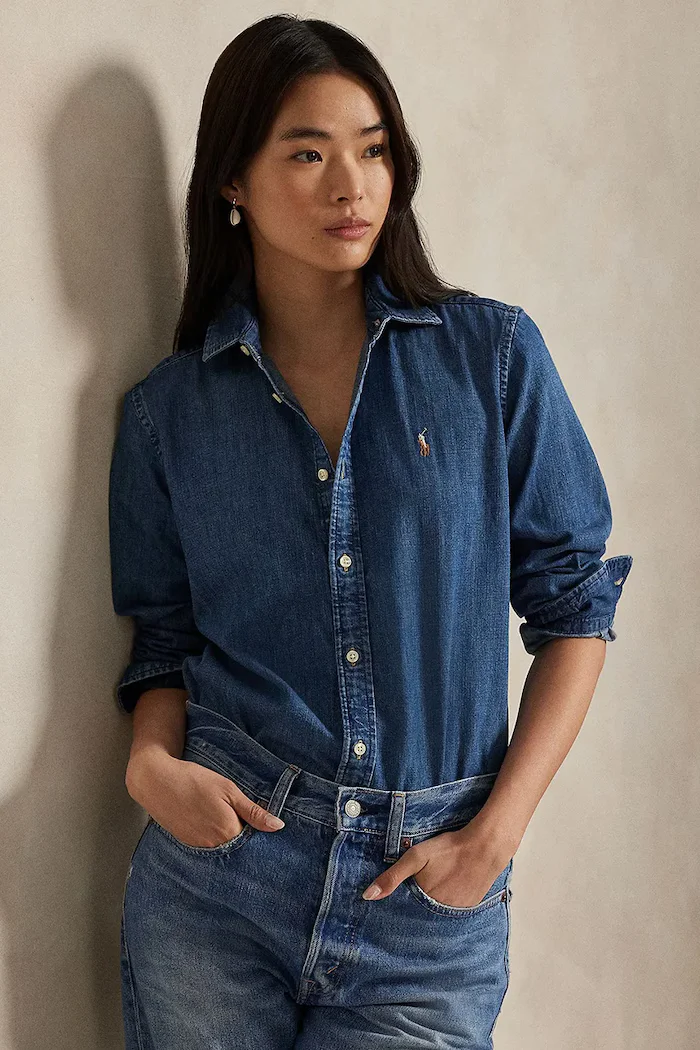 Polo Ralph Lauren Дънкова риза дамска в синьо със стандартна кройка с класическа яка 211969458