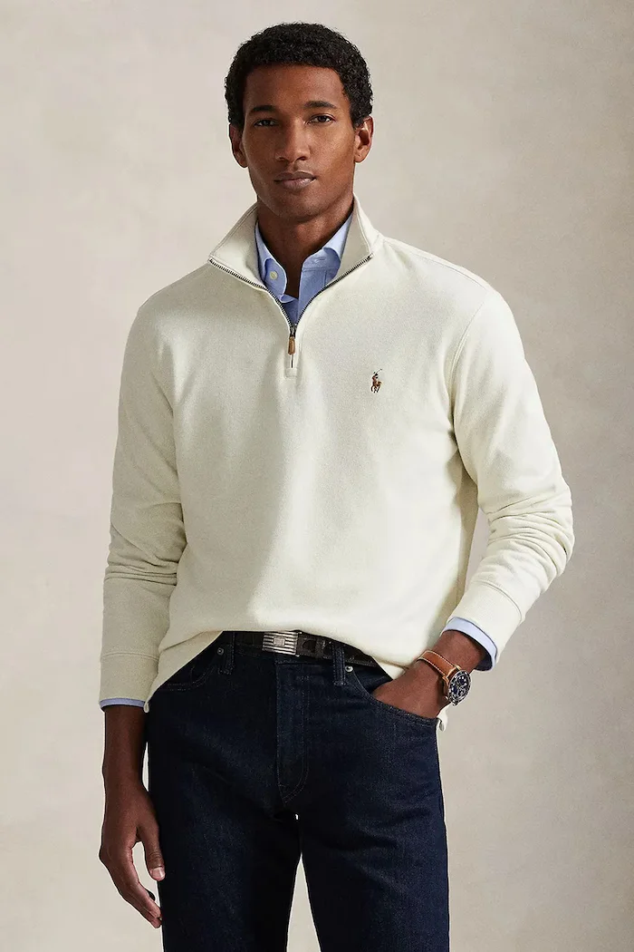 Polo Ralph Lauren Памучен пуловер 40/1 DBL KNIT JACQ мъжки в бежово с поло 710P07411004