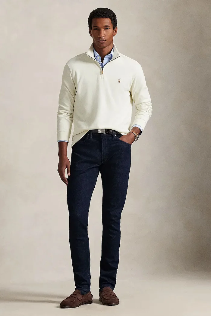 Polo Ralph Lauren Памучен пуловер 40/1 DBL KNIT JACQ мъжки в бежово с поло 710P07411004