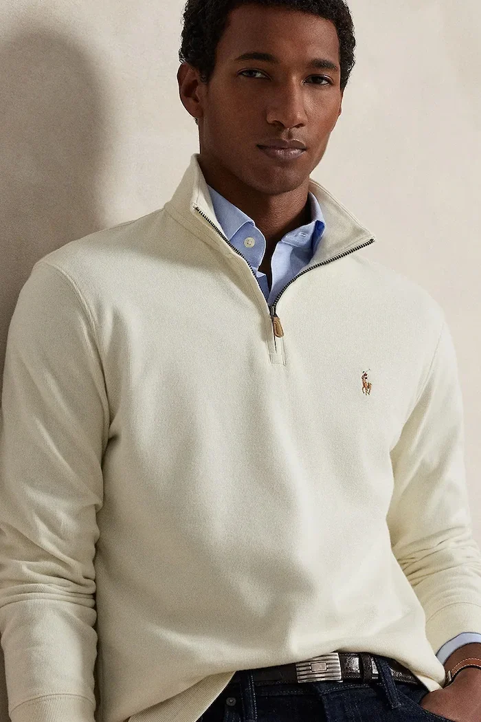 Polo Ralph Lauren Памучен пуловер 40/1 DBL KNIT JACQ мъжки в бежово с поло 710P07411004