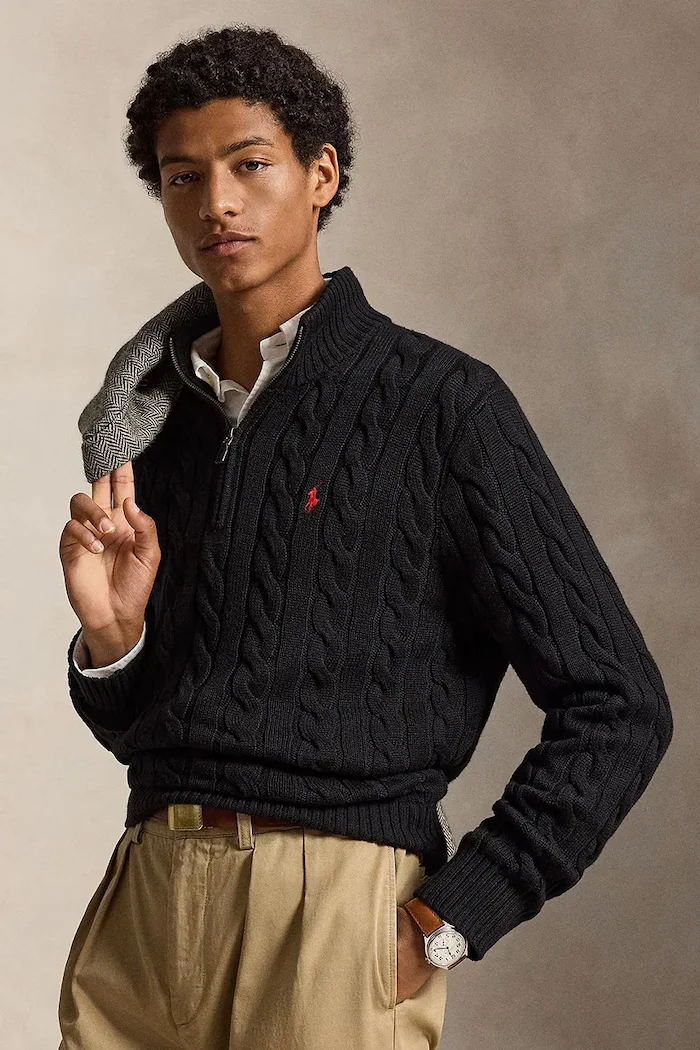 Polo Ralph Lauren Памучен пуловер мъжки в черно от топла материя с ниско поло