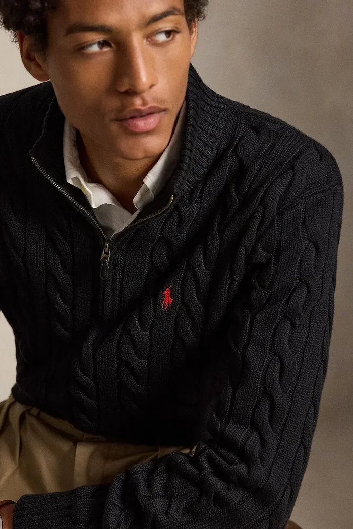 Polo Ralph Lauren Памучен пуловер мъжки в черно от топла материя с ниско поло