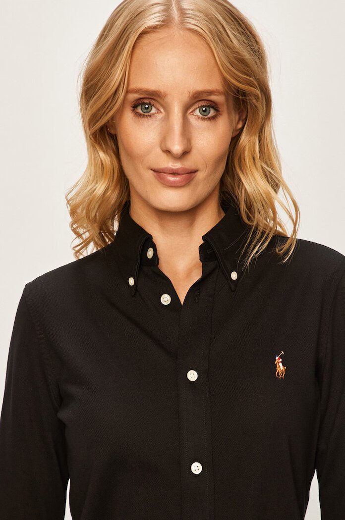 Polo Ralph Lauren Памучна риза дамска в черно със стандартна кройка с класическа яка 211664427010