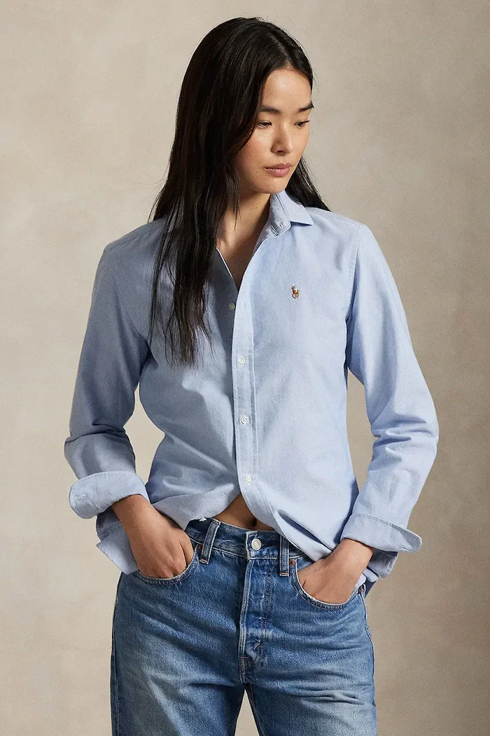 Polo Ralph Lauren Памучна риза дамска в синьо със стандартна кройка с класическа яка 211891377