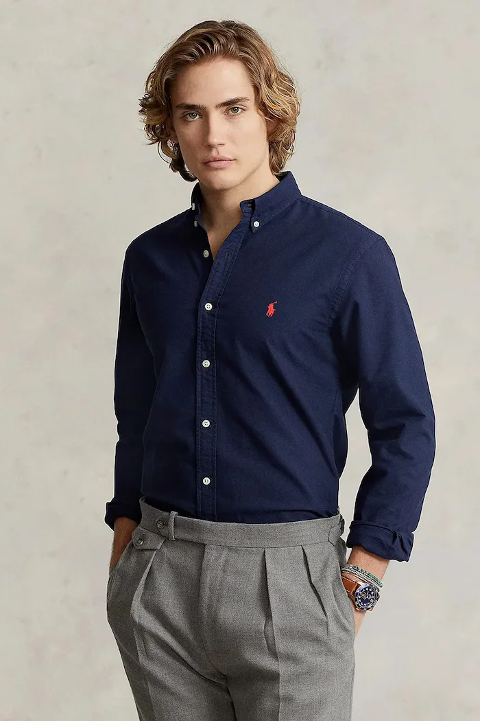 Polo Ralph Lauren Памучна риза мъжка в тъмносиньо с кройка по тялото с яка с копче 710767828