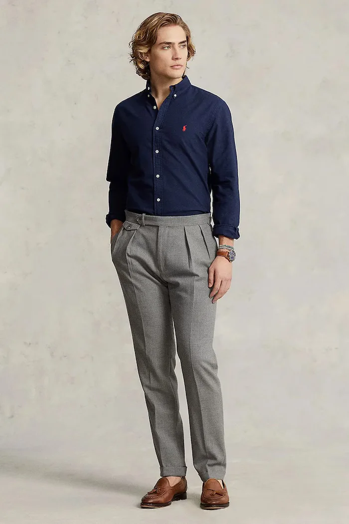 Polo Ralph Lauren Памучна риза мъжка в тъмносиньо с кройка по тялото с яка с копче 710767828
