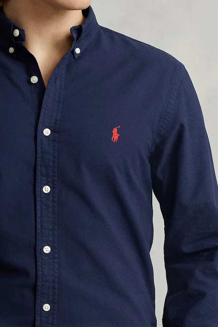 Polo Ralph Lauren Памучна риза мъжка в тъмносиньо с кройка по тялото с яка с копче 710767828