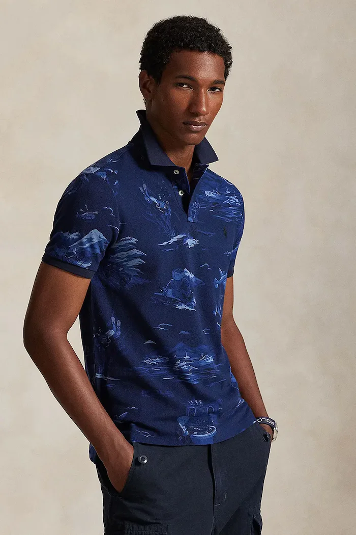 Polo Ralph Lauren Памучна тениска с яка в черно с десен 710P04012
