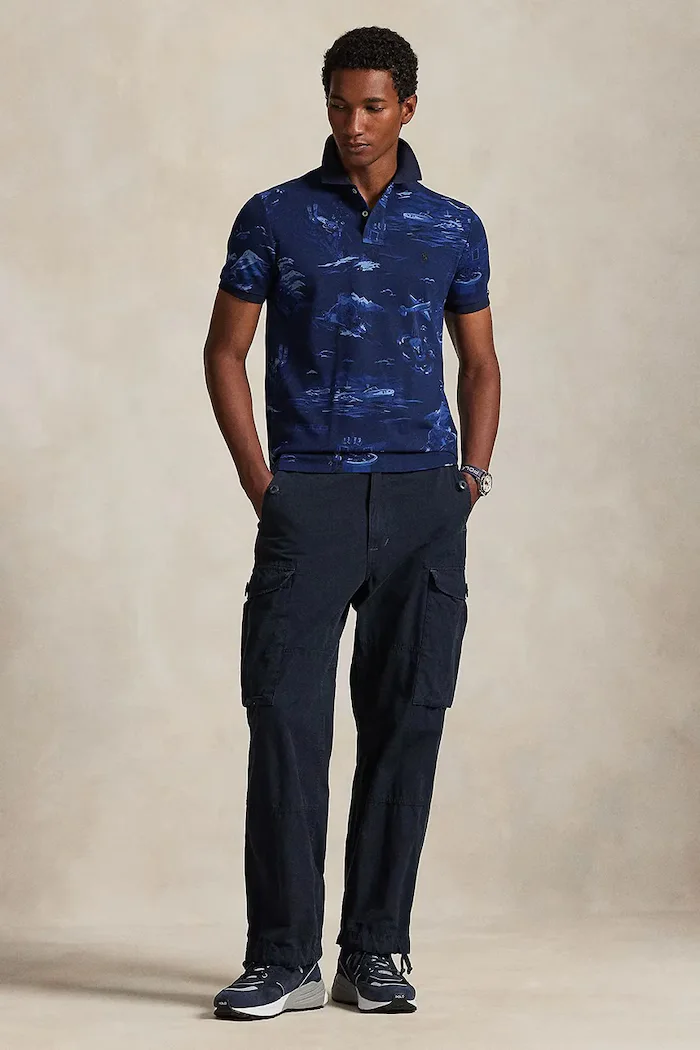 Polo Ralph Lauren Памучна тениска с яка в черно с десен 710P04012