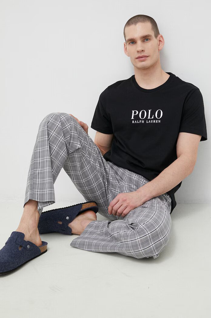 Polo Ralph Lauren Памучно горнище на пижама с къси ръкави в черно с принт 714899613