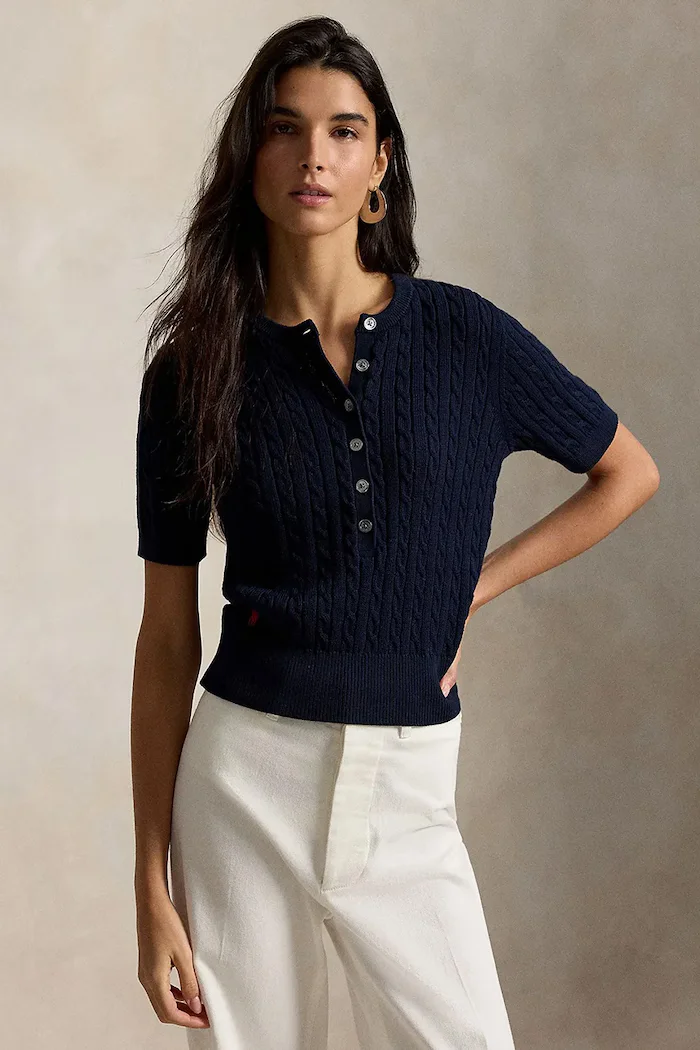 Polo Ralph Lauren пуловер с къси ръкави дамски от памук тъмносин 211B17746