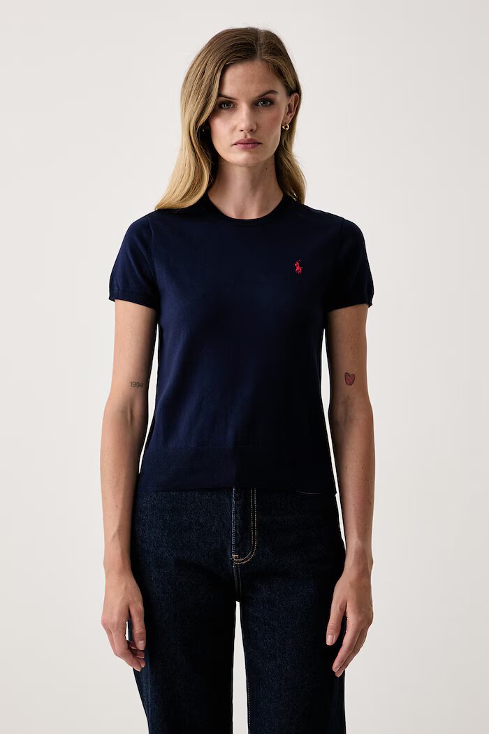 Polo Ralph Lauren пуловер с къси ръкави дамски с памук тъмносин 211971872