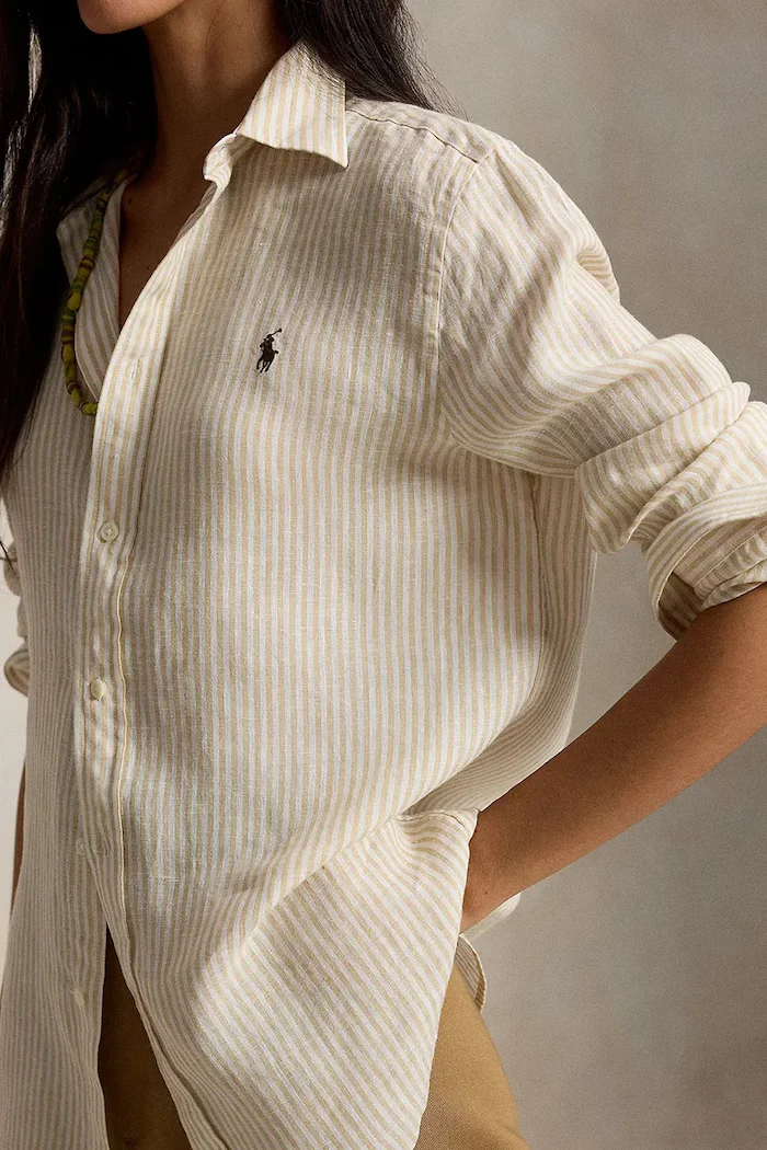 Polo Ralph Lauren риза дамска от памук бежова на райе 211A96158