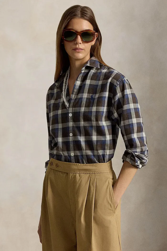 Polo Ralph Lauren риза дамска от памук кафява на каре 211B36267