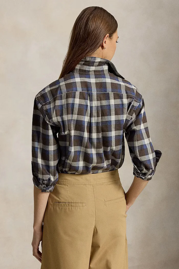 Polo Ralph Lauren риза дамска от памук кафява на каре 211B36267