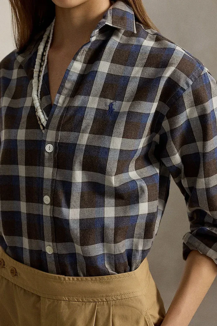 Polo Ralph Lauren риза дамска от памук кафява на каре 211B36267
