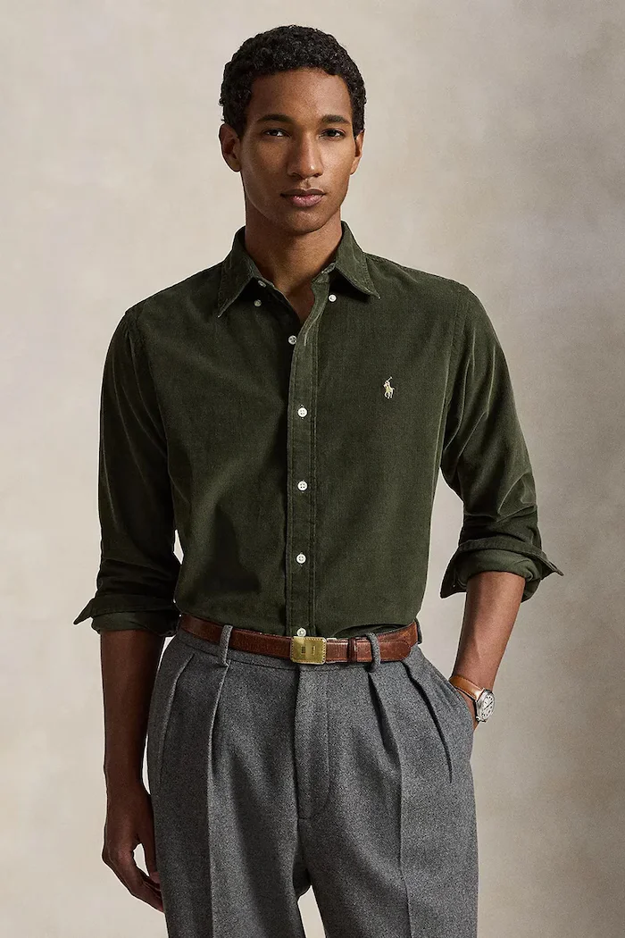 Polo Ralph Lauren риза мъжка от памук 21W Corduroy зелена с изчистена шарка 710853123