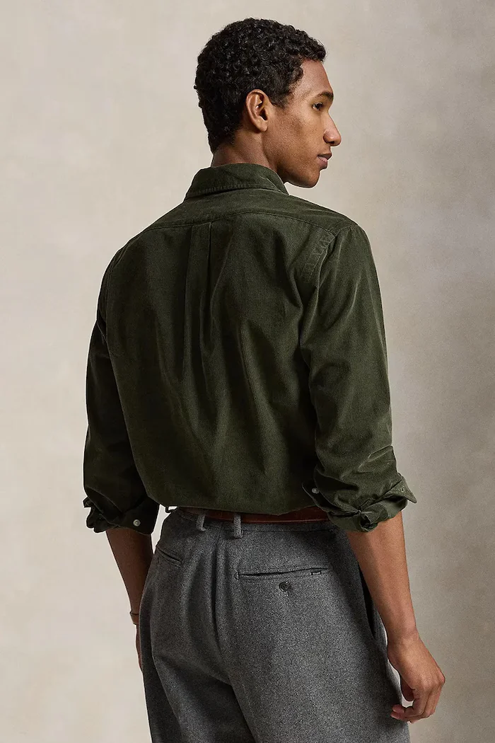 Polo Ralph Lauren риза мъжка от памук 21W Corduroy зелена с изчистена шарка 710853123