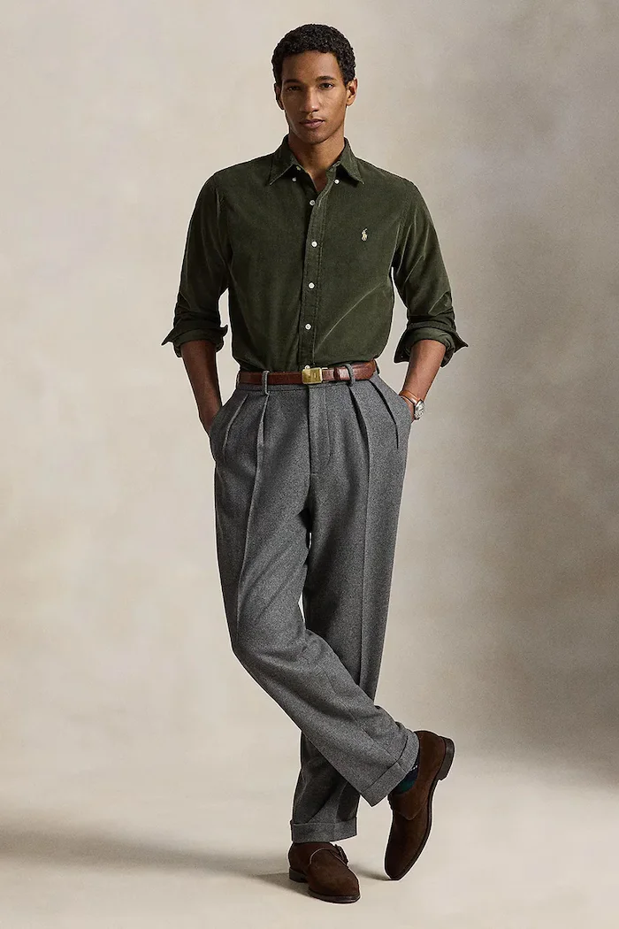 Polo Ralph Lauren риза мъжка от памук 21W Corduroy зелена с изчистена шарка 710853123