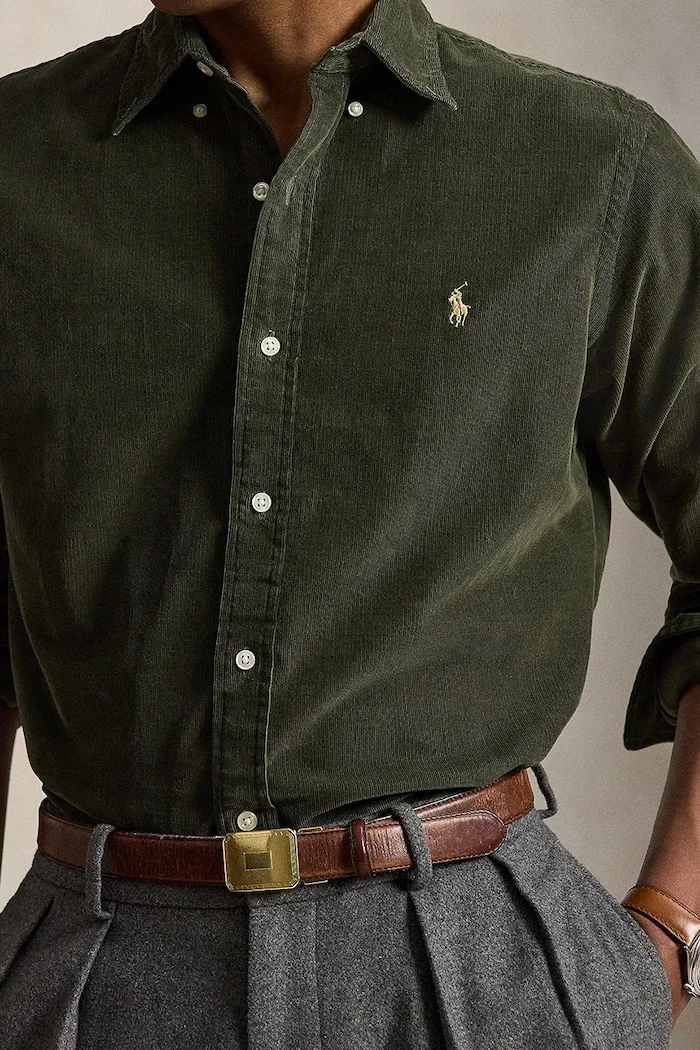 Polo Ralph Lauren риза мъжка от памук 21W Corduroy зелена с изчистена шарка 710853123