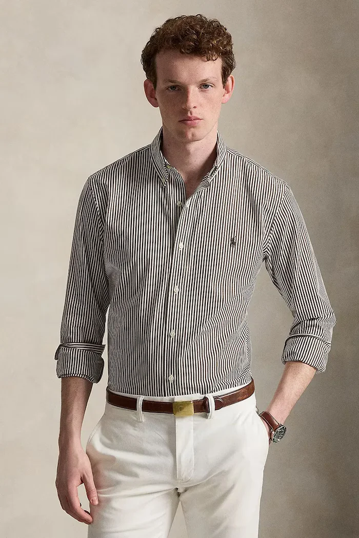 Polo Ralph Lauren риза мъжка от памук с еластан кафява на тънко райе 710929344