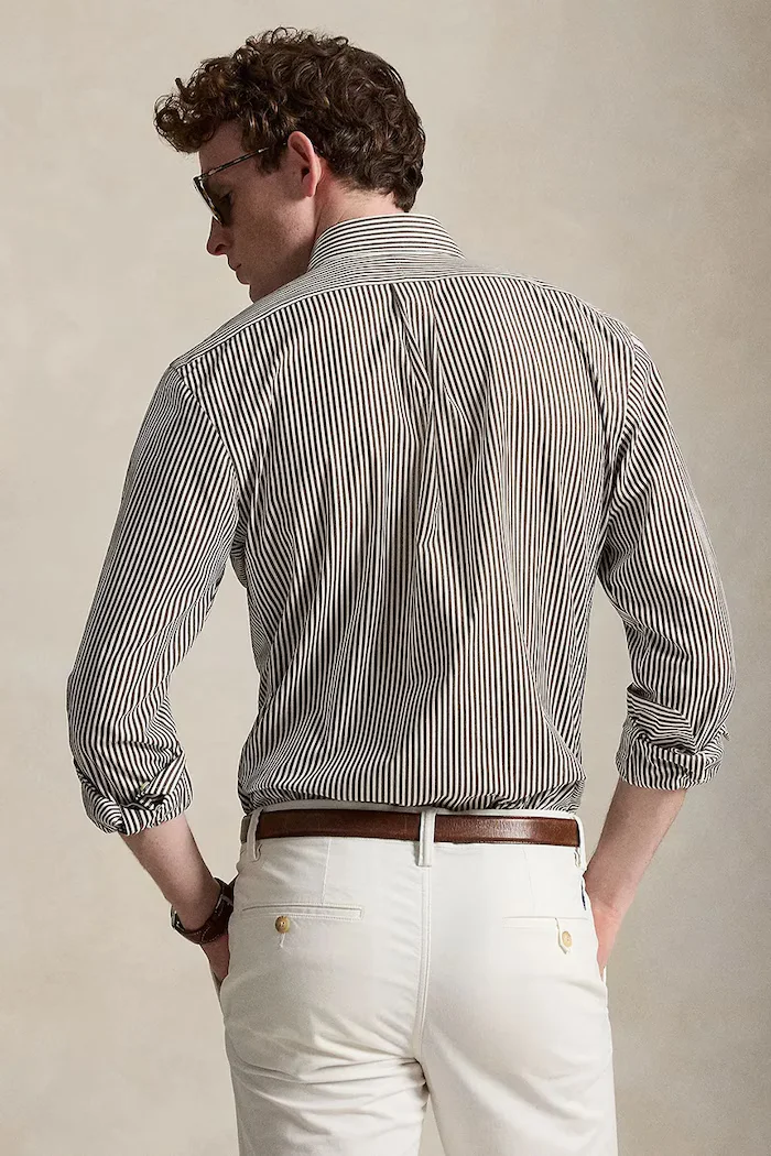 Polo Ralph Lauren риза мъжка от памук с еластан кафява на тънко райе 710929344